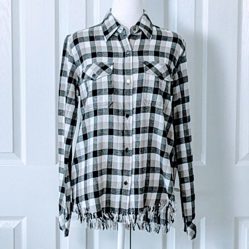 CURRENT/ELLIOTT  Long Sleeve Button Down Shirt Top  Size 2  Black Tan Plaid NWT